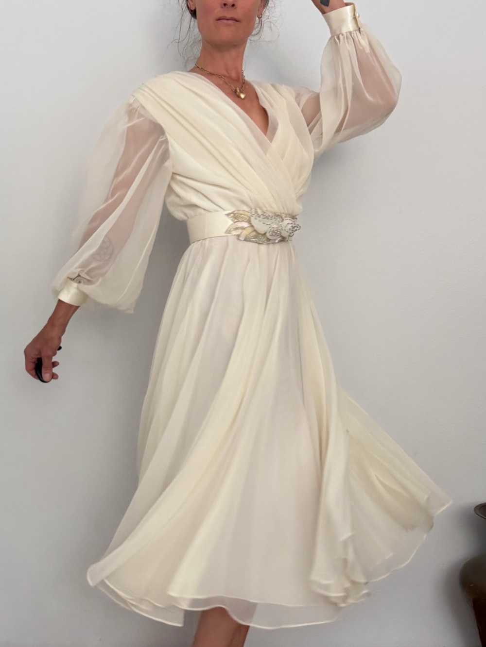 VINTAGE NWT Nah Ivory V-Neck Chiffon Midi Dress with Embellished Sequined Belt